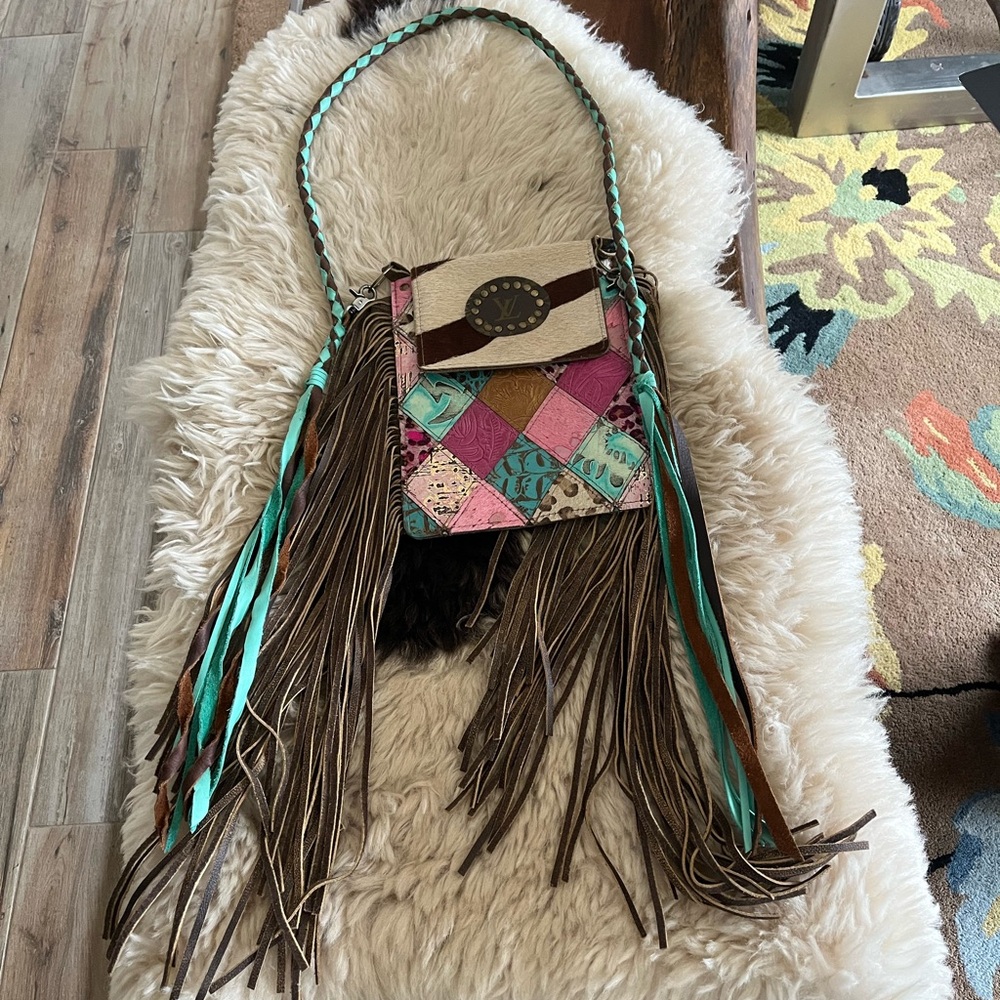 Pink and Brown Floral Crossbody Bag with Fringe